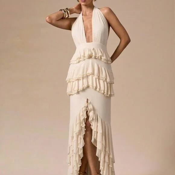 Apricot Sexy Women's Deep V-Neck Fitted Elegant Ruffle Hem Dress - Picture 6 of 7